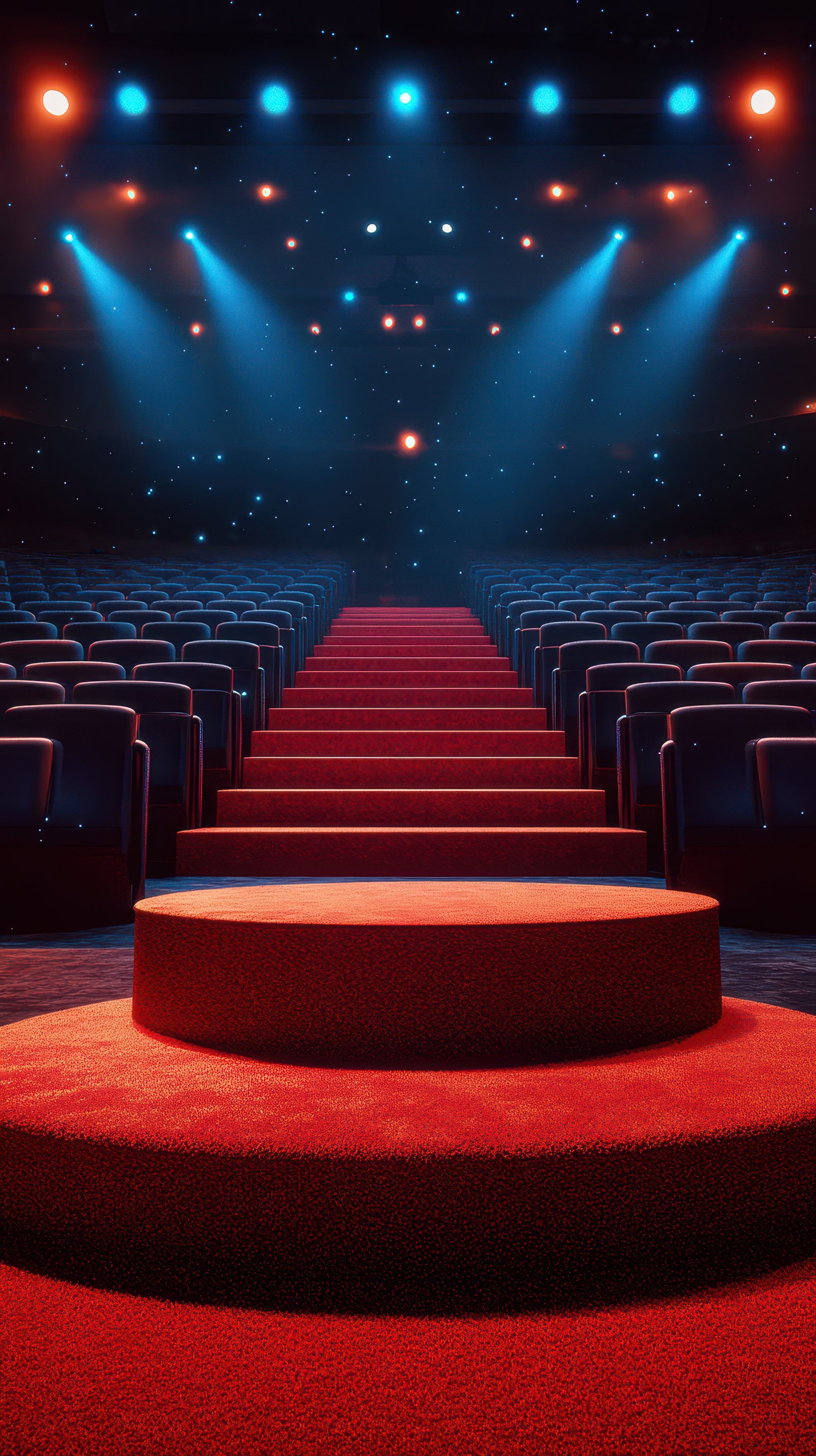 Stage with red carpet steps illuminated by blue and red lights in a theater filled with empty seats